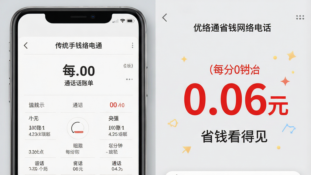 一张对比图风格的宣传图片,左侧是传统手机话费账单,右侧是“优络通省钱网络电话”的通话计费界面,界面中显示每分钟仅0.06元的醒目红色大字,下方有“省钱看得见”的标语,背景为浅灰色,左右分栏布局,风格写实,细节精致,画质干净,无多余元素