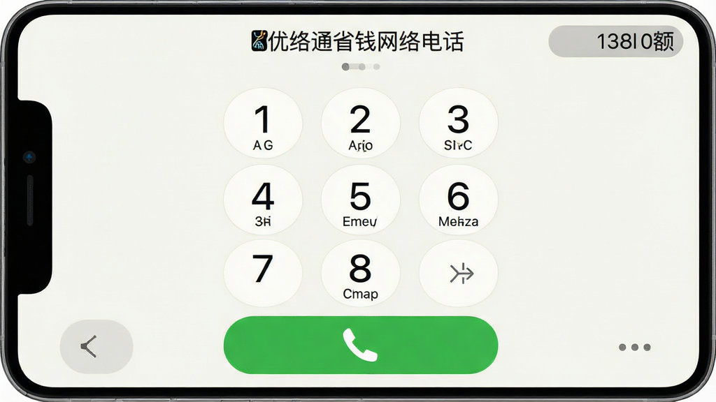 一张手机屏幕截图风格的图片,显示“优络通省钱网络电话”的拨号盘界面,拨号盘数字按键清晰,右上角有余额显示,下方有绿色拨号按钮,背景为浅白色,界面居中,风格真实,细节丰富,画质高清,干净无多余元素