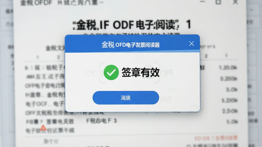 主体为金税OFD电子发票阅读器界面中电子签章验证成功的弹窗特写,弹窗上显示“签章有效”绿色图标,背景为模糊的发票内容,突出验证结果,整体风格简洁明了,细节清晰,画质干净,无多余元素