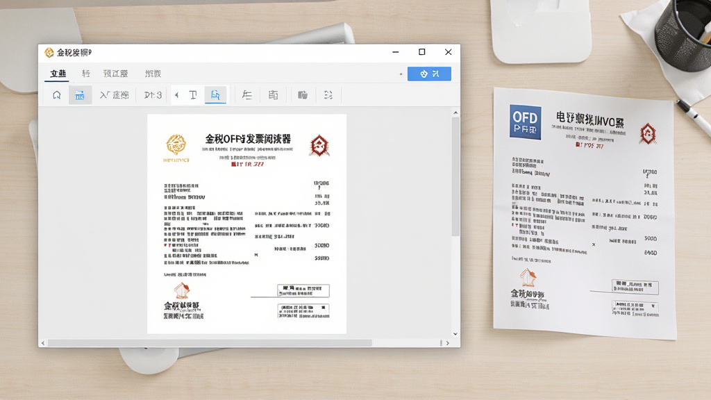 主体为金税OFD电子发票阅读器软件界面截图,界面清晰展示发票预览区域和工具栏按钮,布局简洁大方,背景为浅色办公桌面,旁边放置一张OFD电子发票纸质打印样张,整体风格专业、干净,细节丰富,画质高清,无多余元素