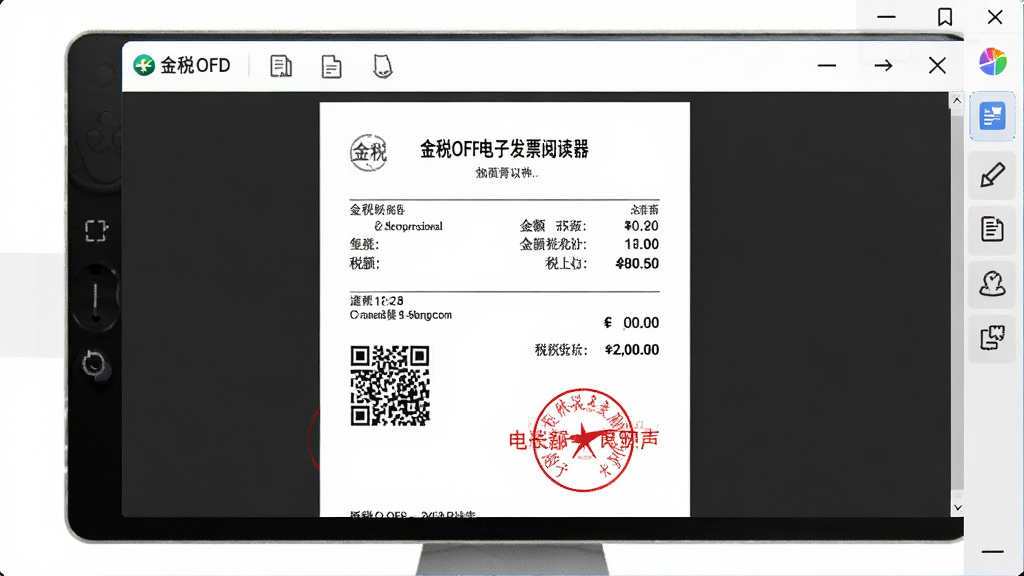 主体为金税OFD电子发票阅读器正在打开一张电子发票的预览窗口,发票版式完整显示,包含金额、税额、二维码及红色电子签章,窗口周围有简洁的工具栏图标,界面明亮清晰,风格写实,细节丰富,画质高清,无多余元素