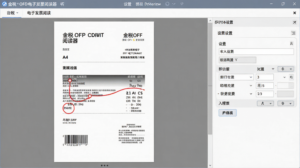 主体为金税OFD电子发票阅读器打印预览界面,右侧显示打印机设置选项,左侧是发票打印效果预览图,纸张尺寸为A4,整体界面干净整洁,细节丰富,画质高清,无多余元素