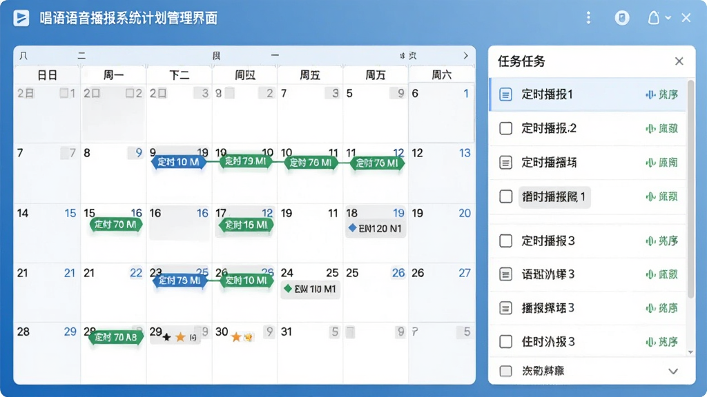 唱语语音播报系统计划管理界面,日历视图上标有定时播报时间点,右侧有任务列表,可拖拽排序,界面采用扁平化设计,高清画质,干净无多余元素