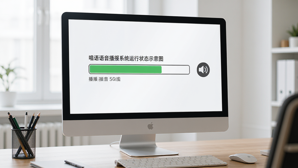 唱语语音播报系统运行状态示意图,电脑屏幕显示播报进度条,旁边有音量图标,背景为办公桌,整体风格写实,高清画质,干净无多余元素