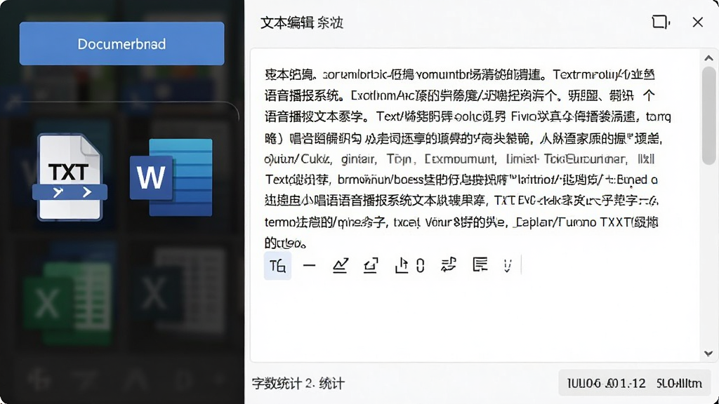 唱语语音播报系统文本编辑界面,左侧为文档导入按钮,支持TXT、Word、Excel图标,右侧为文本编辑区,底部有字数统计,界面清晰,高清画质,干净无多余元素