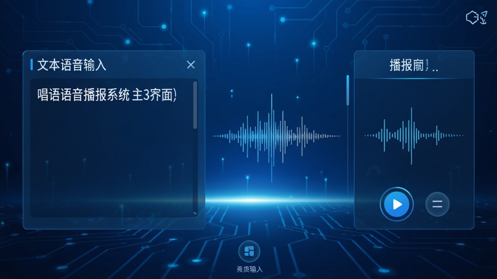 唱语语音播报系统主界面展示,蓝色科技感背景,界面左侧为文本输入区域,右侧为播报控制面板,中间有波形动画,整体简洁大方,高清画质,干净无多余元素