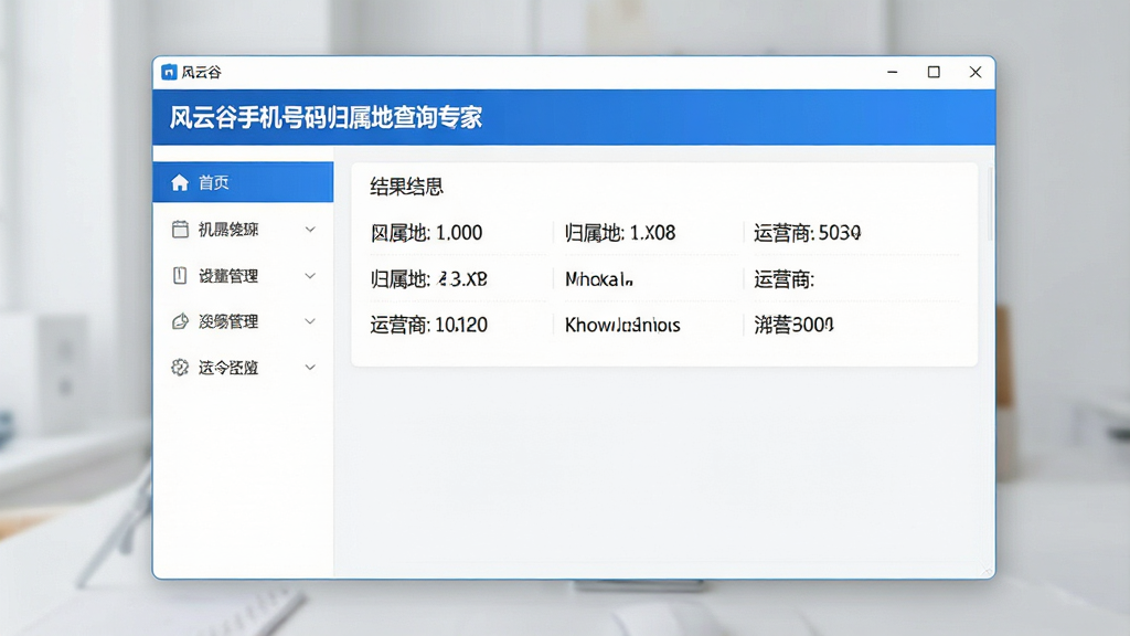 一张现代简约风格的软件界面截图,主体为“风云谷手机号码归属地查询专家”主窗口,左侧功能导航栏,右侧大块结果显示区域,显示号码、归属地、运营商等信息,布局清晰,色调以蓝色和白色为主,干净无多余元素,画质高清。