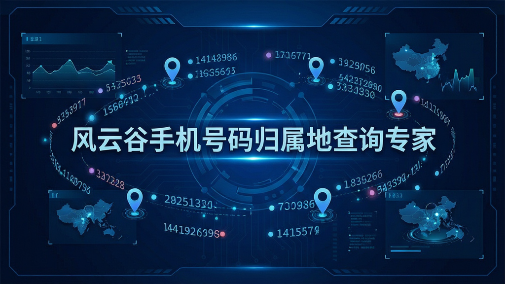 一张动态数据流动的特效图,背景为深蓝色科技感界面,中央显示“风云谷手机号码归属地查询专家”字样,周围环绕着各种号码数据点与地图定位图标,布局充满未来感,排版错落有致,风格偏向科技与专业,细节丰富,画质清晰干净。