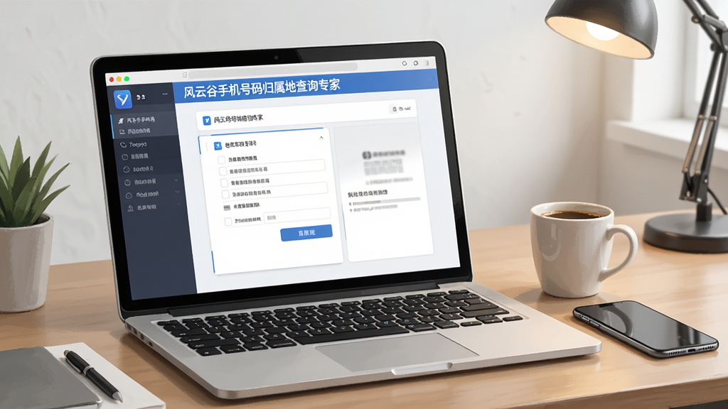 一张展示软件使用场景的插图,主体为笔记本电脑屏幕上的“风云谷手机号码归属地查询专家”界面,旁边放着一杯咖啡和一部手机,背景为整洁的办公桌,风格写实,布局自然,细节丰富,画质清晰。
