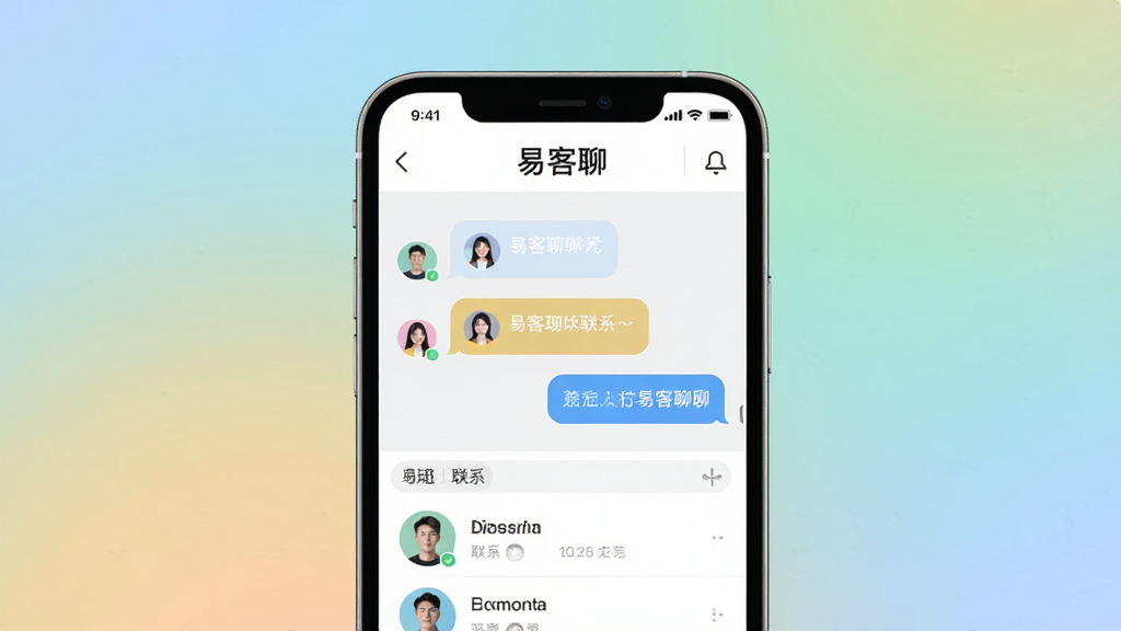 易客聊主视觉图,展示手机屏幕中的聊天界面,界面风格清新简约,顶部显示“易客聊”字样,下方有对话气泡和联系人列表,背景为柔和的渐变色,整体构图居中,排版整洁,现代扁平化风格,细节丰富,高清画质,干净无多余元素