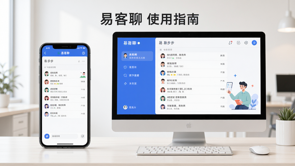 易客聊使用指南示意图,展示手机与电脑同时登录易客聊的画面,屏幕上显示同步的消息列表,背景为干净的浅色办公环境,构图平衡,排版清晰,写实风格结合部分插画元素,细节丰富,高清画质,干净无多余元素