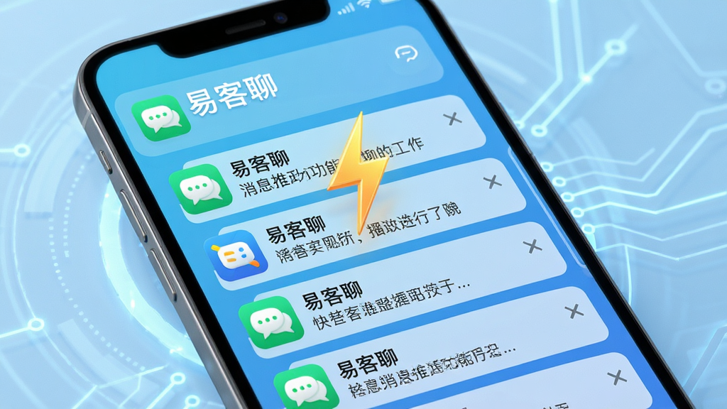 易客聊消息推送功能展示,手机屏幕显示多条消息通知,带有“易客聊”应用图标,背景为浅蓝色科技感风格,突出闪电符号表示快速,整体构图简洁,排版清晰,现代感强,细节丰富,高清画质,干净无多余元素