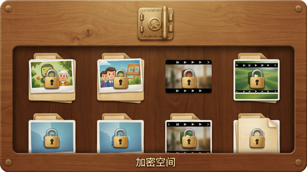 主体:绿豆锁大师的加密保险箱界面,内部有照片和视频缩略图,背景为木质纹理。布局:保险箱图标在顶部,下方为网格状文件展示。风格:安全稳重,色调偏暖。细节:文件缩略图带有锁头水印,底部有“加密空间”字样。画质:高清,干净,无多余元素。