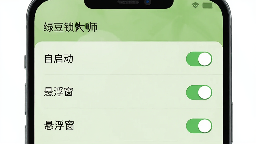 主体:智能手机展示绿豆锁大师的设置界面,包含“自启动”、“悬浮窗”等选项。布局:界面为列表形式,每个选项右侧有开关按钮。风格:简洁清晰,背景为浅绿色。细节:开关按钮为绿色,界面顶部有“绿豆锁大师”字样。画质:高清,干净,无多余元素。