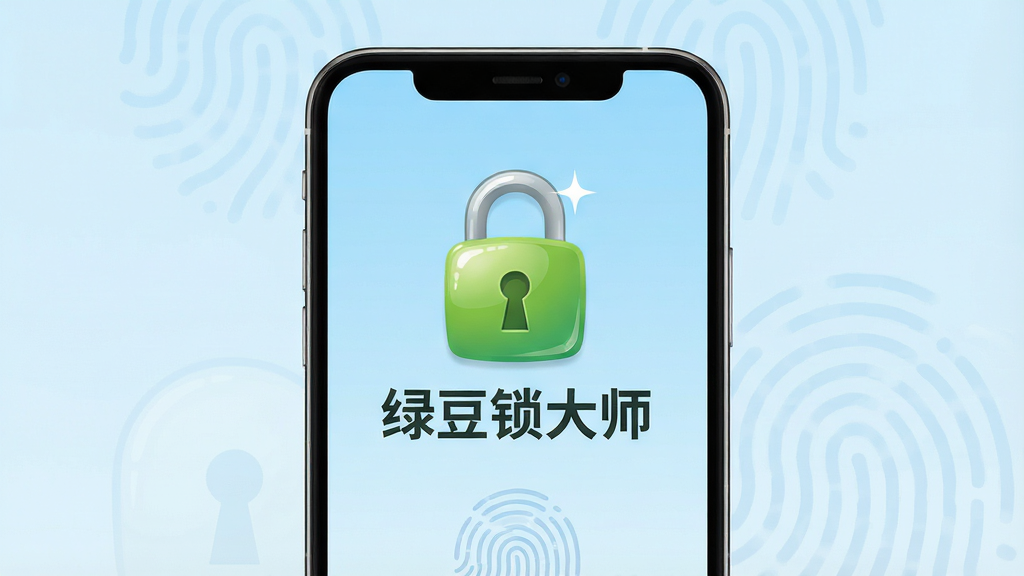 主体:智能手机屏幕展示绿豆锁大师应用界面,界面显示一把绿色锁头图标和“绿豆锁大师”字样。布局:手机居中,屏幕内容特写,背景为淡蓝色渐变。排版:简洁清晰,突出软件名称和锁头形象。风格:现代扁平化,色彩明亮。细节:锁头图标带有光泽,屏幕上有指纹解锁图案。画质:高清,干净,无多余元素。