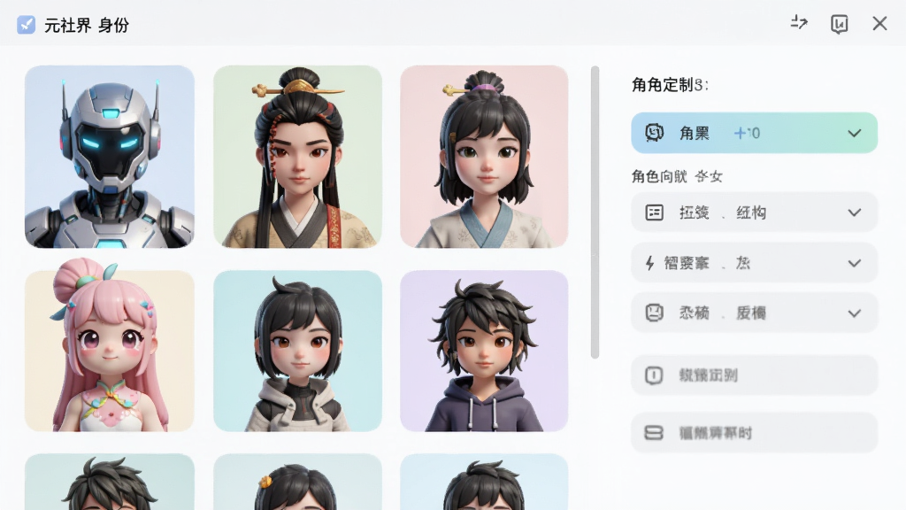 元社界身份创建界面,左侧显示多个不同风格的虚拟角色头像,包括科幻风、古风、可爱风等,右侧是角色定制选项,界面简洁,色彩柔和,干净无多余元素,画质高清