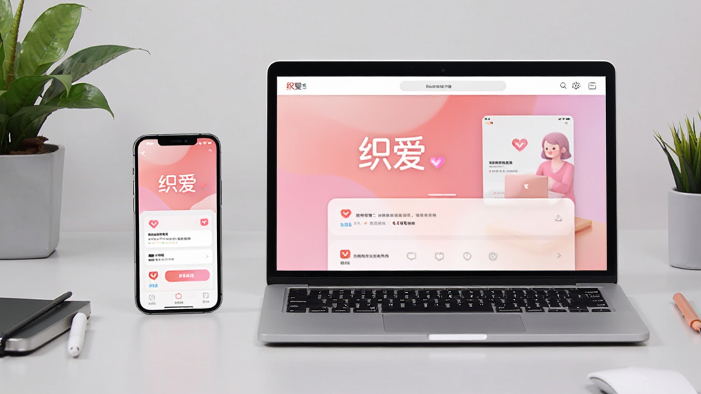 画面主体为一部手机和一台笔记本电脑并排放置,屏幕中显示“织爱”应用界面,背景为浅灰色工作台,有绿植点缀。布局采用水平对称,风格为写实摄影,细节丰富,画质清晰干净,无多余元素。