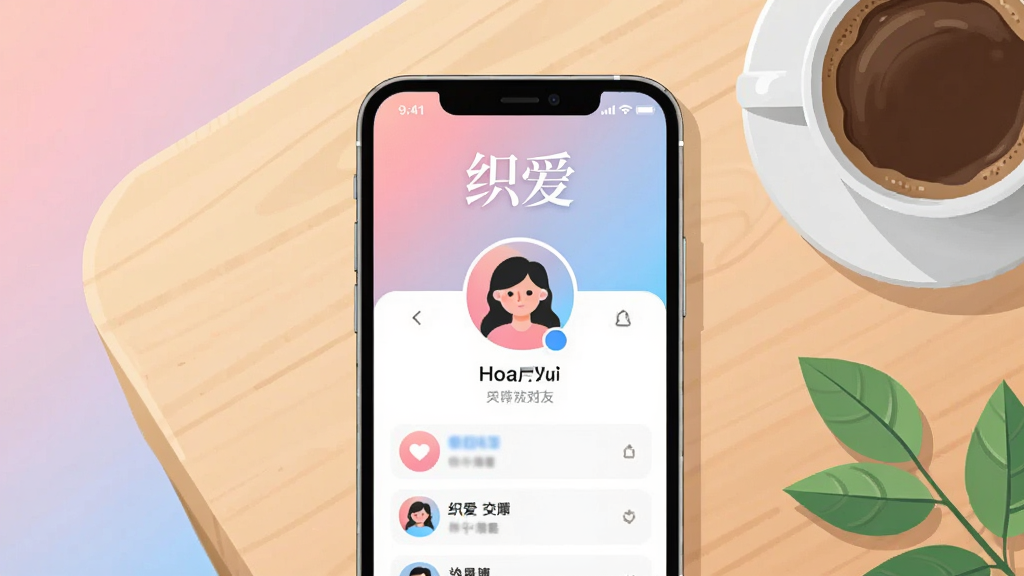 画面主体为一部亮屏的智能手机,屏幕中显示“织爱”交友软件的个人资料页,背景是柔和的粉蓝渐变,手机置于浅木色桌面上,旁边放有一杯咖啡和几片绿叶。整体布局采用居中构图,手机屏幕内容清晰可见,软件名称“织爱”以艺术字体显示在屏幕顶部。风格为现代扁平化插画,细节丰富,画质高清干净,无多余元素。