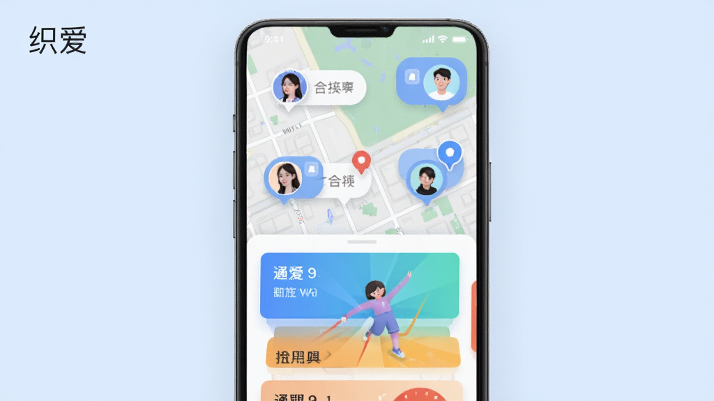 画面主体为手机地图界面,上面分布着几个用户头像气泡,下方有动态卡片流。布局采用上下结构,背景为淡蓝色,左上角有“织爱”软件名称。风格为现代UI设计,界面清晰,画质高清,无多余元素。