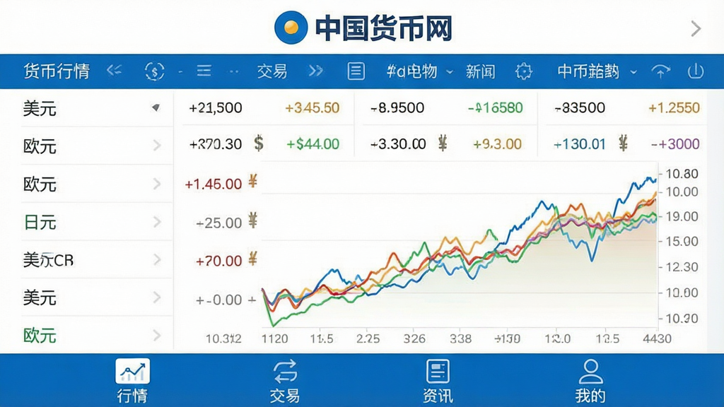一张展示iDeal应用主界面的高清截图,界面顶部显示“中国货币网”品牌标识,中部为实时滚动的货币行情列表,包含美元、欧元、日元等主要币种,图表区域用不同颜色折线展示汇率走势,整体风格简洁商务,蓝白配色为主,底部导航栏清晰标注“行情”、“交易”、“资讯”、“我的”四个标签,画面干净无多余元素,画质清晰,适合作为软件介绍首图