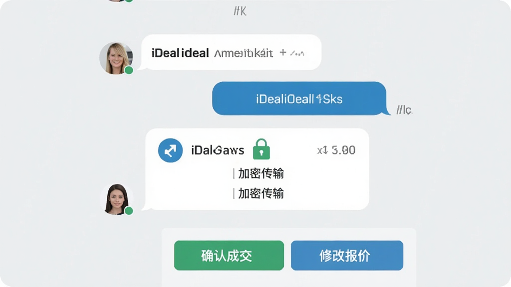 展示iDeal交易对话界面的概念图,界面呈现两人对话气泡,一条报价卡片嵌入其中,底部有“确认成交”和“修改报价”按钮,背景为浅灰色,整体风格商务简约,突出安全锁图标与“加密传输”字样,画面干净,无多余元素