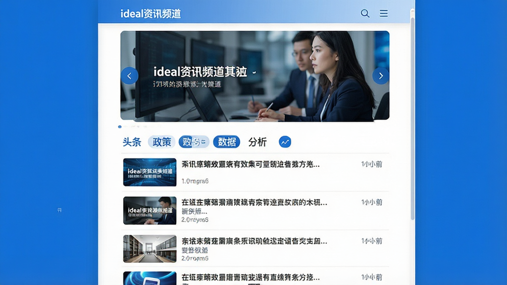 展示iDeal资讯频道页面的设计图,上方为轮播焦点图,下方为新闻列表,每条新闻配有缩略图和时间戳,分类标签包括“头条”、“政策”、“数据”、“分析”,整体风格清爽,蓝白配色,阅读体验舒适,画质清晰,无多余元素