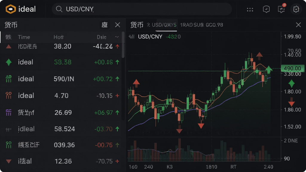 展示iDeal实时行情界面的效果图,屏幕左侧为货币对列表,右侧对应分时走势图,绿色和红色箭头表示涨跌,界面采用深色背景突出数据可读性,顶部搜索框聚焦“USD/CNY”,整体布局专业紧凑,数据密集但清晰易读,画质细腻,无多余装饰元素