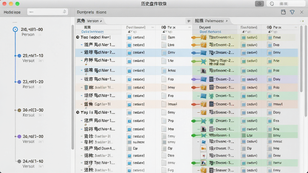 同步盘软件历史版本界面,左侧时间线列出不同版本节点,右侧显示文件内容差异对比高亮,界面采用分栏布局,背景为浅灰色,风格简洁专业,细节丰富,画质清晰,无多余元素