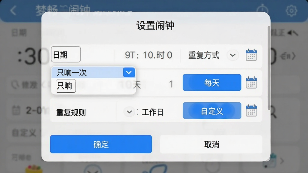 主体:梦畅闹钟的定时设置界面,显示周期选择下拉菜单和重复规则选项;布局:弹窗形式,顶部标题“设置闹钟”,下方为日期、时间、重复方式;排版:表单样式,每行一个选项,右侧有日历小图标;风格:简洁商务风,浅灰色背景,蓝色高亮按钮;细节:重复方式选项包括“只响一次”、“每天”、“工作日”、“自定义”,并有“确定”和“取消”按钮;画质:清晰,干净,无多余元素。