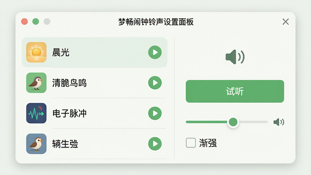 主体:梦畅闹钟铃声设置面板,显示铃声列表和音量滑块;布局:窗口左侧为铃声列表,右侧为音量调节和试听按钮;排版:列表形式,每条铃声名称后带播放图标;风格:浅色简约,绿色调点缀;细节:铃声列表包含“晨光”、“清脆鸟鸣”、“电子脉冲”等名称,音量滑块下方有“渐强”复选框;画质:高清,干净,无多余元素。