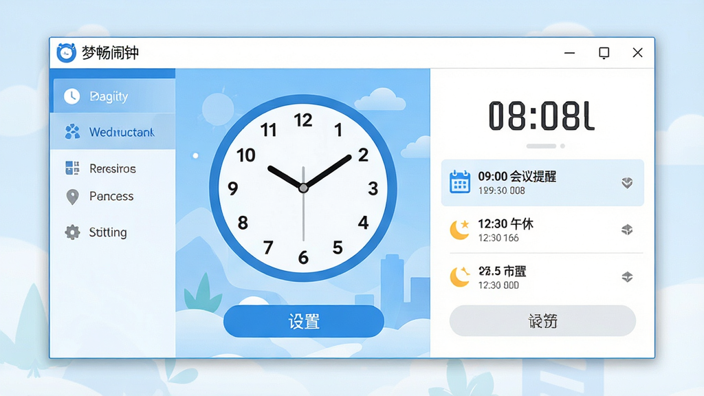 主体:梦畅闹钟软件主界面截图,显示圆形时钟、列表式闹钟项和设置按钮;布局:居中展示主窗口,左侧功能导航,右侧时间设置面板;排版:清晰分层,图标与文字结合,色彩明快;风格:扁平化设计,蓝色主调,白色背景;细节:闹钟列表显示“09:00 会议提醒”、“12:30 午休”等字样,窗口左上角有软件名称“梦畅闹钟”;画质:高清,干净,无多余元素。