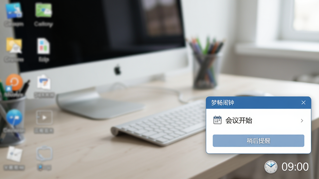主体:梦畅闹钟在电脑桌面右下角弹出提醒通知的截图,显示消息框和托盘图标;布局:桌面背景为工作场景,右下角弹窗显示“会议开始”和“稍后提醒”按钮;排版:弹窗简洁,桌面图标模糊;风格:写实风格,自然光;细节:弹窗标题栏有“梦畅闹钟”字样,底部时间显示“09:00”;画质:高清,干净,无多余元素。
