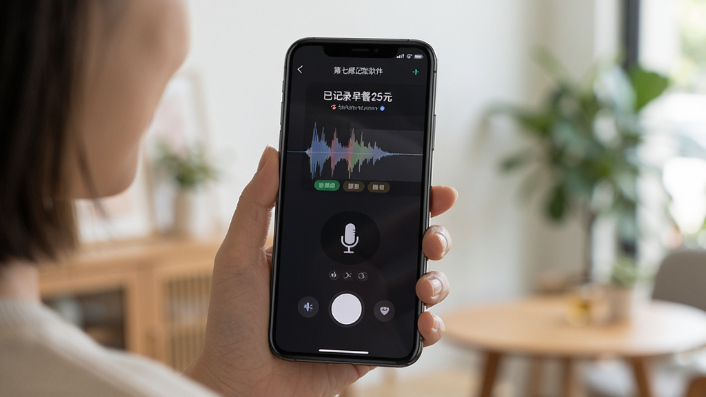 图片主体为“第七感记账软件”的语音记账功能演示,画面中一位用户正对着手机说话,手机屏幕显示语音波形和“已记录早餐25元”的提示,背景为模糊的室内环境,布局以手机为中心,风格写实,细节包括麦克风图标和分类标签,画质清晰,干净无多余元素