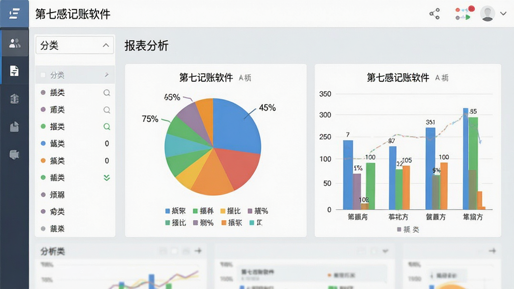 画面主体为“第七感记账软件”的报表分析界面,屏幕上展示彩色饼状图和柱状图,图表数据清晰,左侧有分类列表,背景为浅灰色,布局规整,风格商务简洁,细节包括图例和百分比标注,画质高清,干净无多余元素