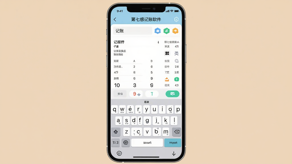 图片主体为“第七感记账软件”的手机操作界面,屏幕上显示记账表单和键盘,背景为纯色,布局居中,风格清新,细节包括数字键盘和分类图标,画质干净,无多余元素