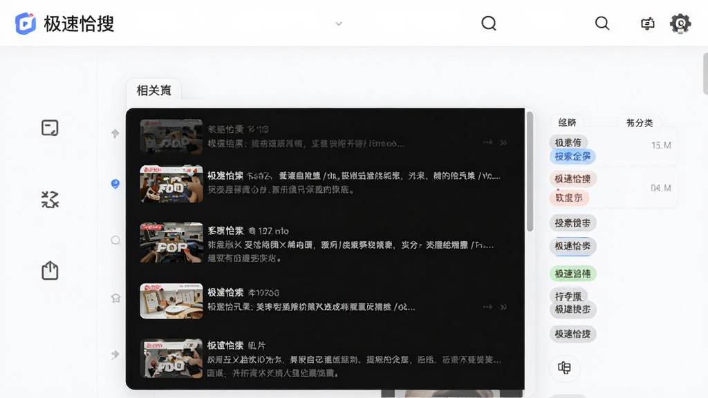 极速恰搜搜索结果精准度展示图,展示相关结果排列与分类标签,界面清爽,信息层级分明,风格简约,文字标注“极速恰搜”