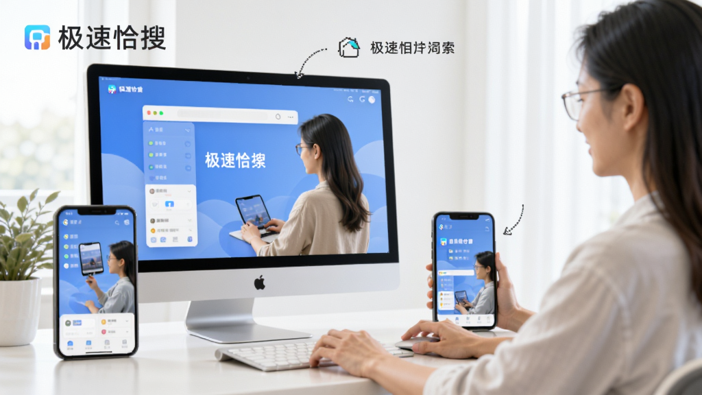 极速恰搜使用场景图,展示用户在不同设备上使用,电脑与手机同步,背景简洁,风格明亮,画质干净,文字标注“极速恰搜”