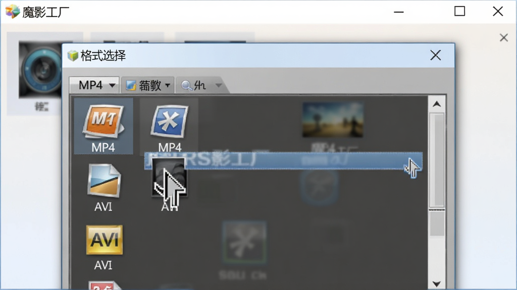 魔影工厂软件界面截图,展示格式选择窗口,列表中包含MP4、AVI等多种格式图标,鼠标悬停在某一格式上,整体布局清晰,色彩柔和,软件名称“魔影工厂”出现在界面顶部,画质细腻,干净无多余元素
