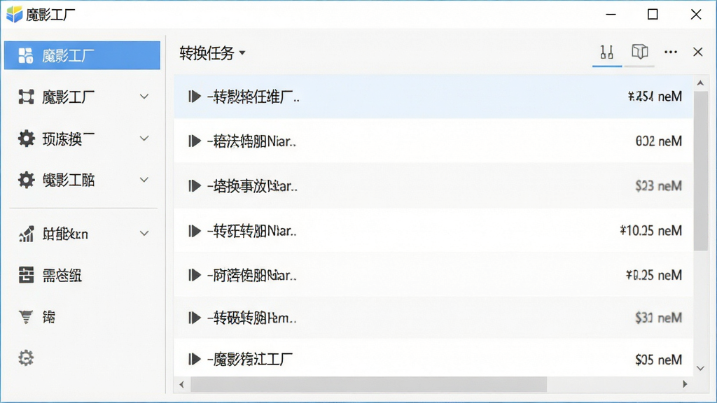 一张展示魔影工厂主界面的高清截图,界面简洁,左侧为功能列表,右侧为转换任务列表,整体风格干净明亮,软件名称“魔影工厂”显示在窗口标题栏,画质清晰,干净无多余元素