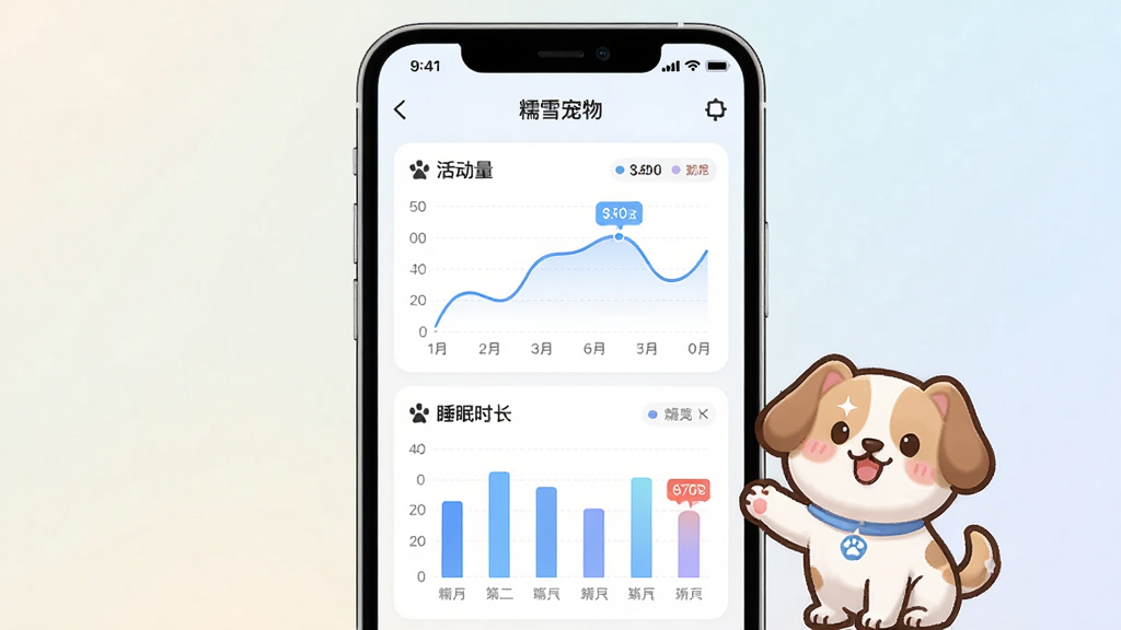 手机“糯雪宠物”APP展示宠物健康数据图表,包括活动量曲线、睡眠时长柱状图,旁边有宠物卡通形象,背景淡雅,主体突出,布局清晰,风格简约,细节有数据标签,画质高清,干净无多余元素