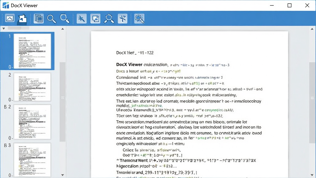 DocX Viewer软件主界面预览图,展示一个简洁的文档阅读窗口,左侧为页面缩略图栏,右侧为文档内容显示区,顶部有工具栏按钮,整体采用蓝白配色,界面干净清爽,画质清晰,无多余元素