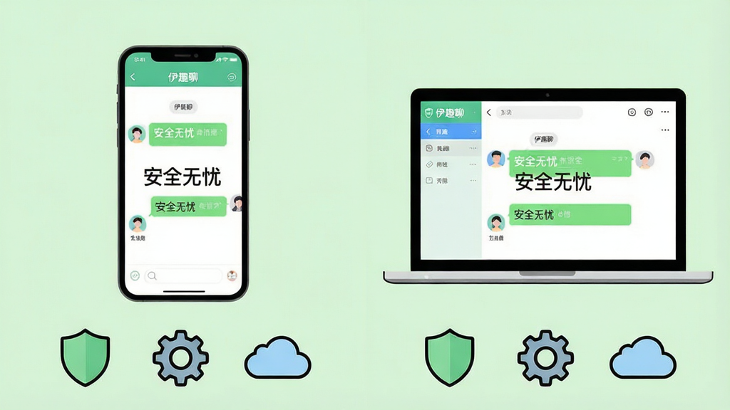 一张分屏对比插画,左侧是智能手机,右侧是笔记本电脑显示器,屏幕上均展示着“伊趣聊”的聊天界面。画面下方有盾牌、齿轮和云朵图标,代表安全与云同步。背景为浅绿色,风格简约清爽,构图平衡,画质干净,无多余元素。屏幕中显示“安全无忧”字样。