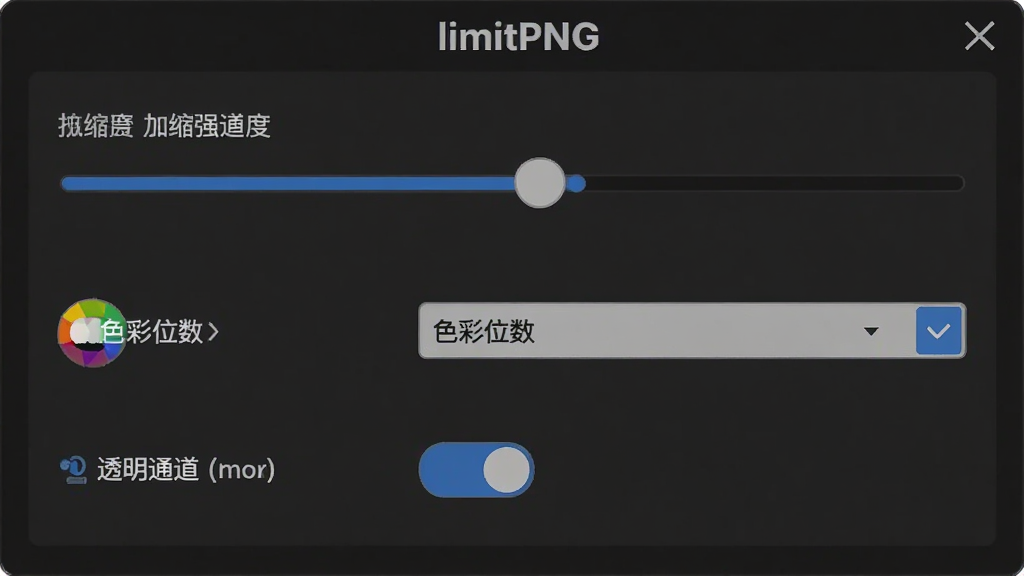 limitPNG自定义参数设置面板,展示滑块调节压缩强度、色彩位数选择框、透明通道开关等控件,界面简洁直观,标注“limitPNG”字样,画质干净