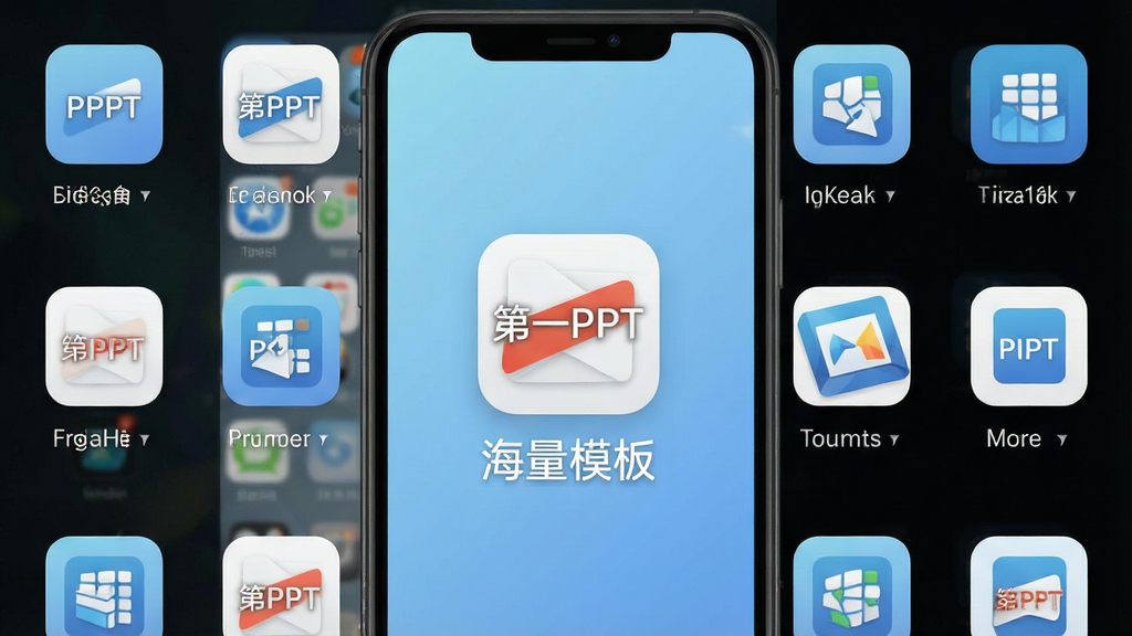 一张现代简约风格的手机界面预览图,屏幕中央显示“第一PPT”应用图标与“海量模板”字样,背景为浅蓝色渐变,界面布局清晰,图标排列整齐,画质细腻,干净无多余元素