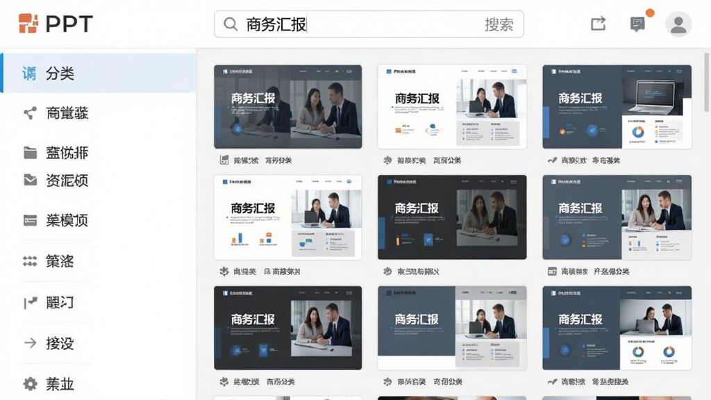 第一PPT应用内模板分类展示页截图,左侧为分类列表,右侧为模板缩略图网格,顶部搜索栏有“商务汇报”文字,整体UI简洁,现代扁平化设计风格,画面明亮干净
