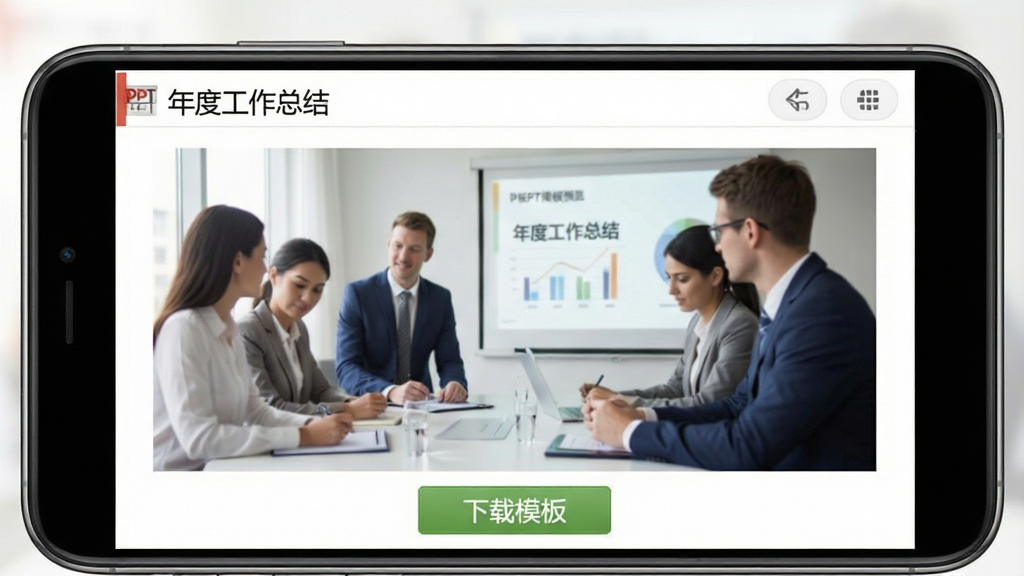 第一PPT模板预览界面,手机横屏显示PPT幻灯片大图,底部有“下载模板”绿色按钮,页面顶部显示模板名称“年度工作总结”,界面操作按钮清晰,色彩柔和干净