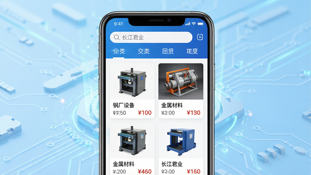 主体:长江君业APP界面展示,手机屏幕显示回收交易大厅,有钢厂设备、金属材料等商品卡片;布局:手机居中,屏幕内容清晰可见,背景为浅蓝色科技感渐变;排版:界面列表式排列,顶部有搜索栏和分类标签;风格:写实风格,光影自然,色彩明亮;细节:屏幕上有“长江君业”字样logo,卡片上有设备图片和价格标签;画质:4K高清,干净,无多余元素。
