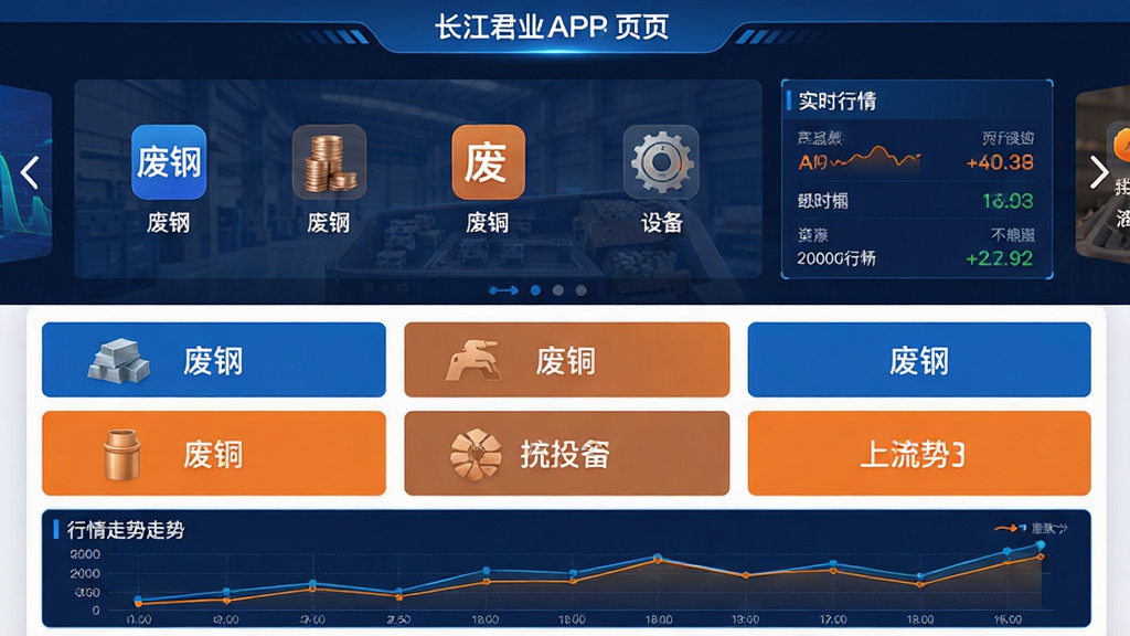主体:长江君业APP的循环资源交易页面,展示废钢、废铜等分类图标和实时行情数据;布局:页面分上下两部分,上部为轮播图,下部为九宫格分类入口;排版:信息层级分明,数据可视化图表清晰;风格:商务科技风,蓝橙配色;细节:页面顶部分类有“废钢”、“废铜”、“报废设备”等字样,底部有行情走势折线图;画质:高分辨率,干净,无多余元素。