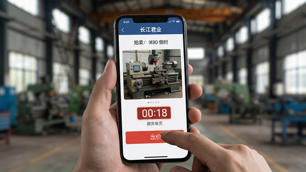 主体:用户手持手机查看长江君业APP上的拍卖倒计时界面,另一只手点击出价按钮;布局:手机屏幕特写,背景为模糊的工业厂区;排版:屏幕显示拍卖商品图片和“出价”按钮;风格:纪实摄影风格,自然光线;细节:屏幕上有“长江君业”字样,拍卖商品为废旧机床,倒计时数字醒目;画质:高清晰度,干净,无多余元素。