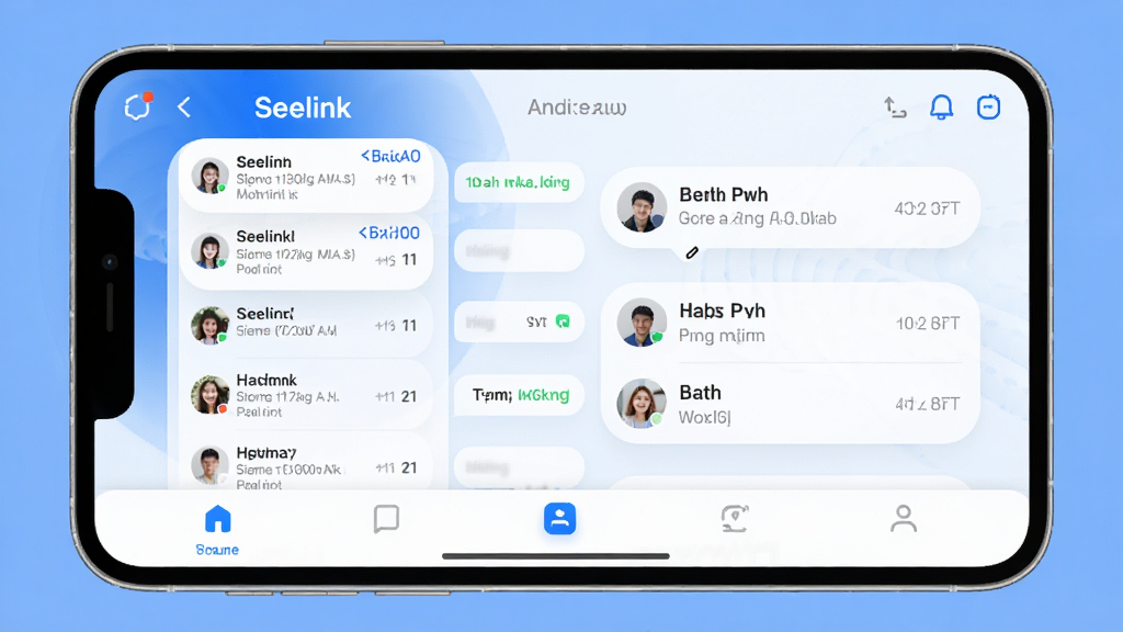 Seelink社交软件主界面预览图,展示聊天列表与底部导航栏,采用蓝白主色调,圆角卡片设计,现代简约风格,界面干净明亮,高画质,无多余元素